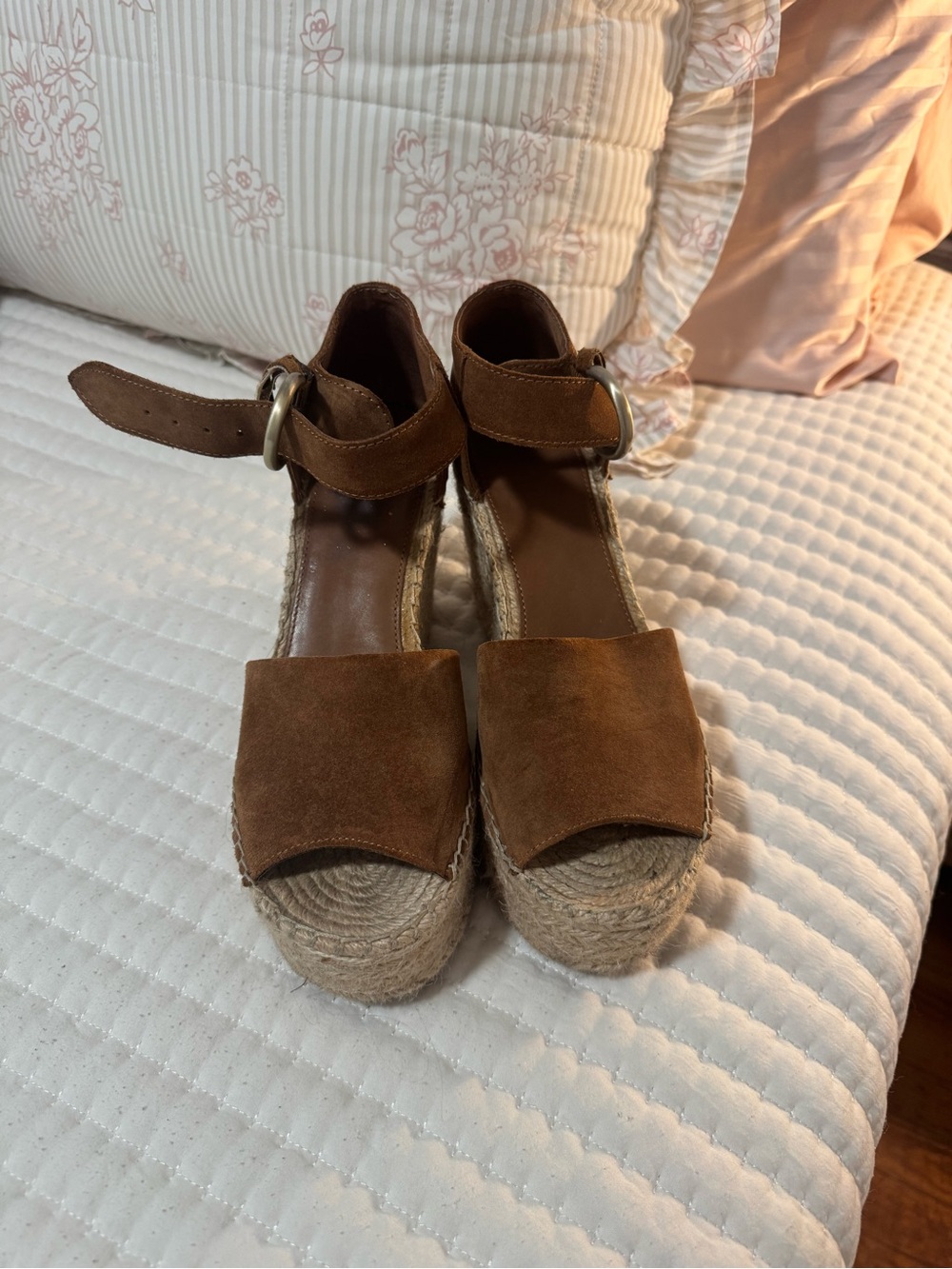 Marc Fisher Brown Suede Espadrille Platform Sandals with Ankle Buckle
